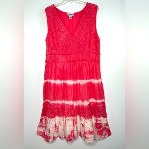 Signature JMB Crochet Lace Boho Peasant Prairie Midi Dress Pink Tie Die Sz 2X‎